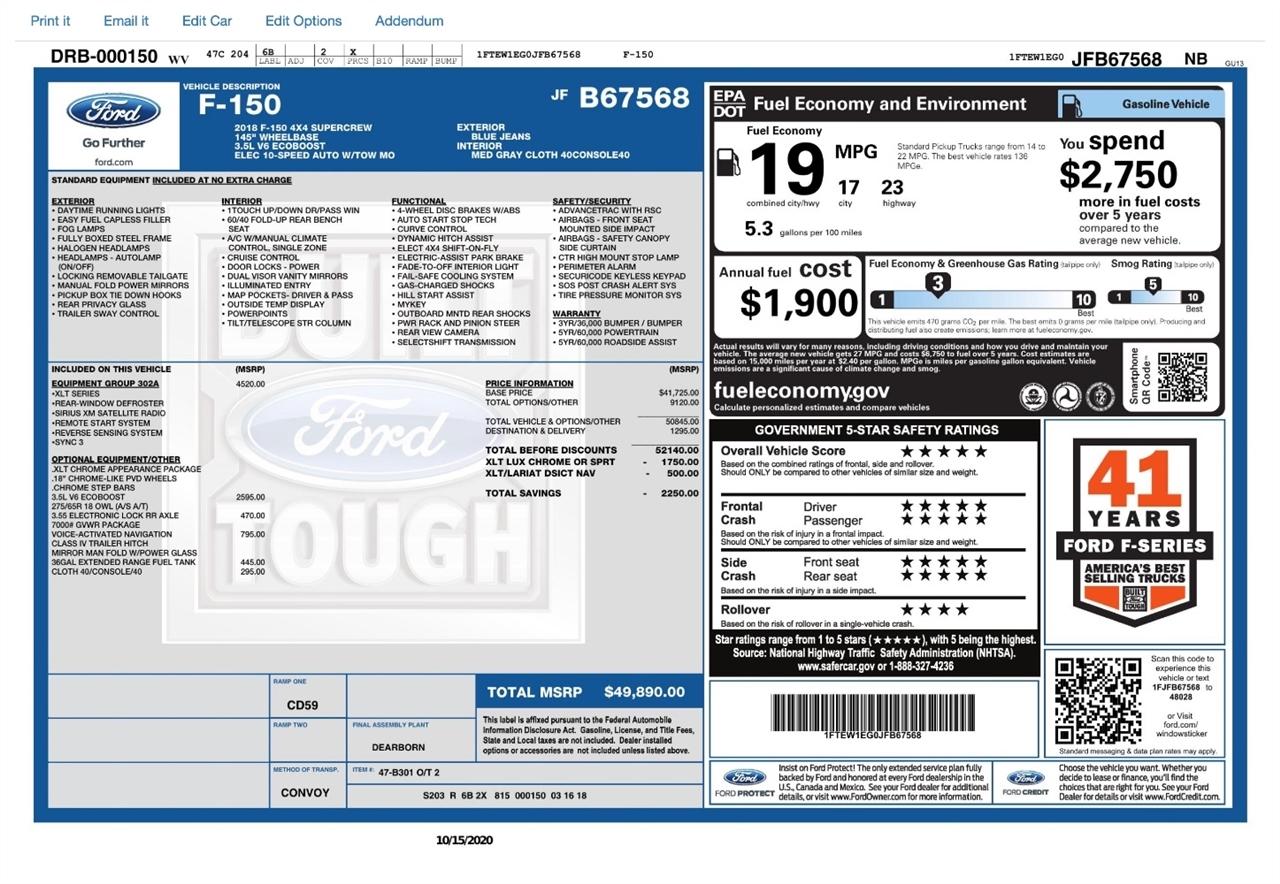 Ford 150 King Ranch 4WD SuperCrew 5.5' Box 2018