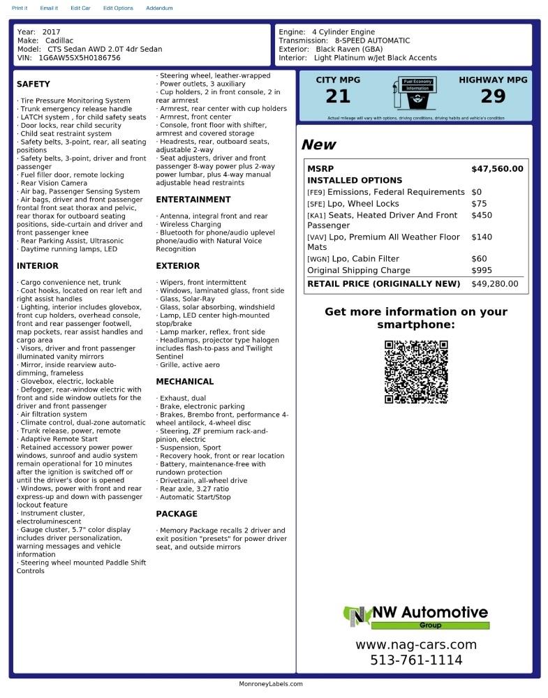 Cadillac CTS 4dr Sdn 2.0L Turbo AWD 2017