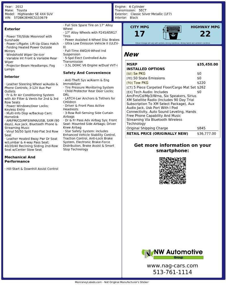Toyota Highlander 4WD 4dr V6 (Natl) 2012