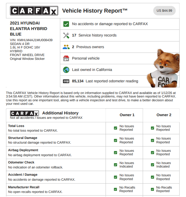 Hyundai Elantra Blue Hybrid 2021