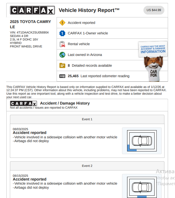 Toyota Camry Hybrid LE 2025