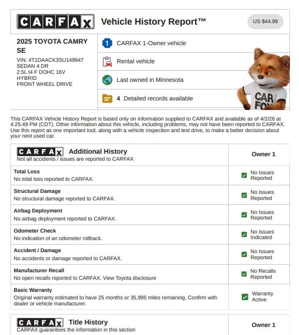 Toyota Camry Hybrid SE 2025