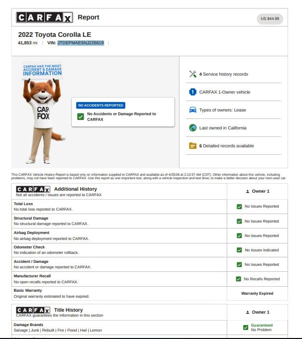 Toyota Corolla LE 2022