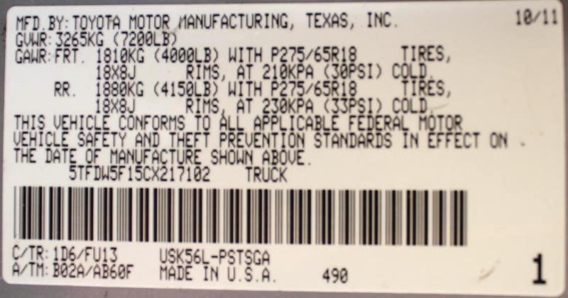 Toyota Tundra 4WD SR5 CrewMax 5.5' Bed (Natl) 2012