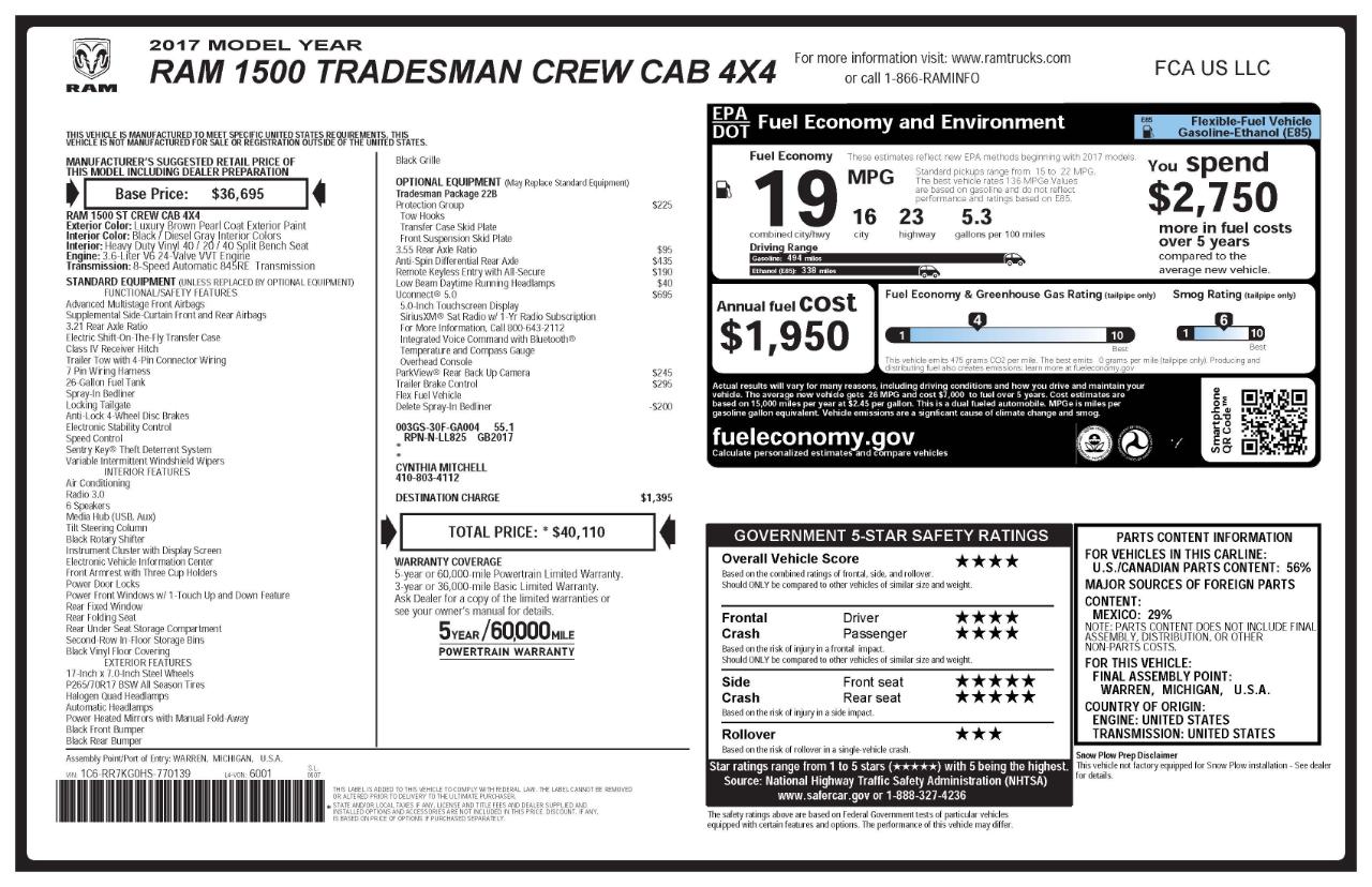 RAM 1500 Tradesman Crew Cab SWB 4WD 2017