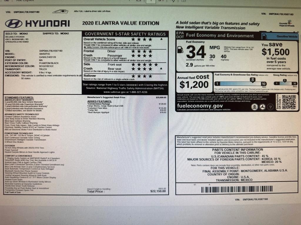 Hyundai Elantra Value Edition 4D Sedan 2020