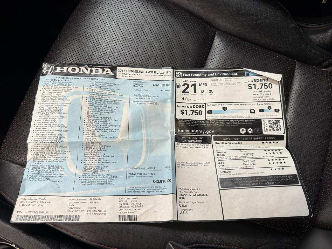 Honda Ridgeline Black Edition 4x4 Crew Cab 5.3' Bed 2017