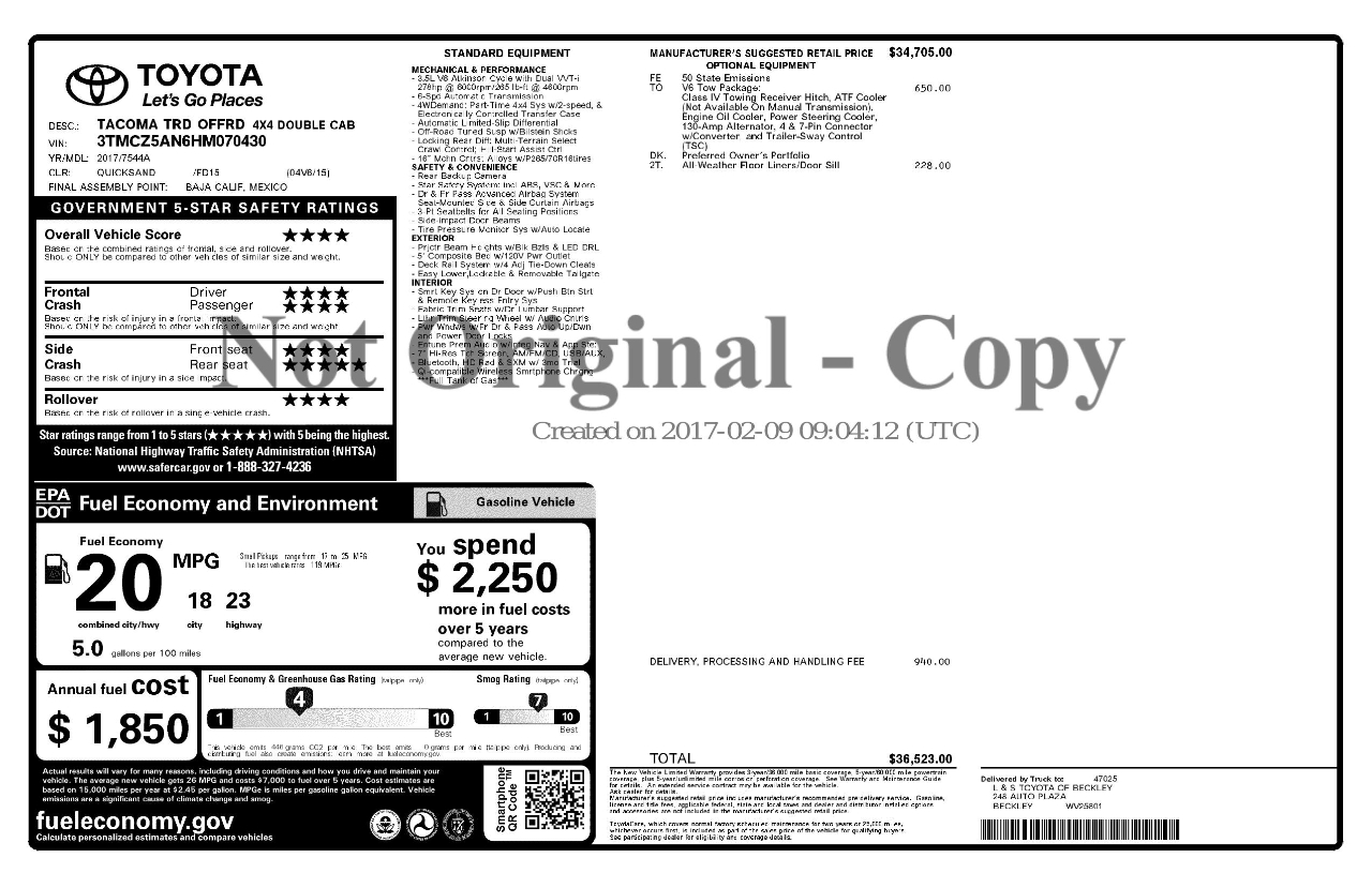 Toyota Tacoma TRD Off Road Double Cab 5' Bed V6 4x4 AT (Natl) 2017