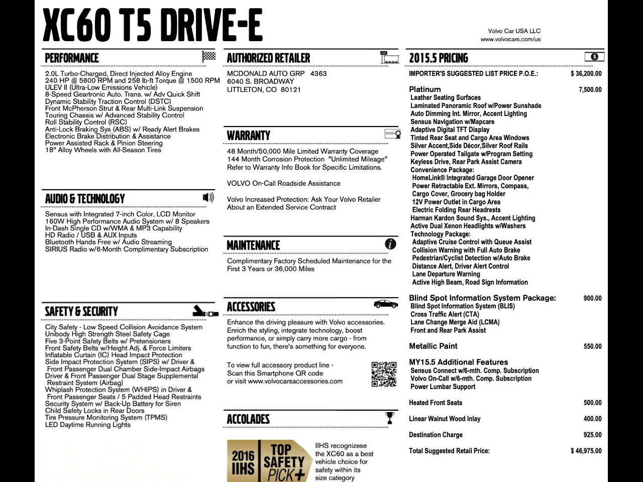 Volvo XC60 2015.5 FWD 4dr T5 Drive-E Platinum 2015