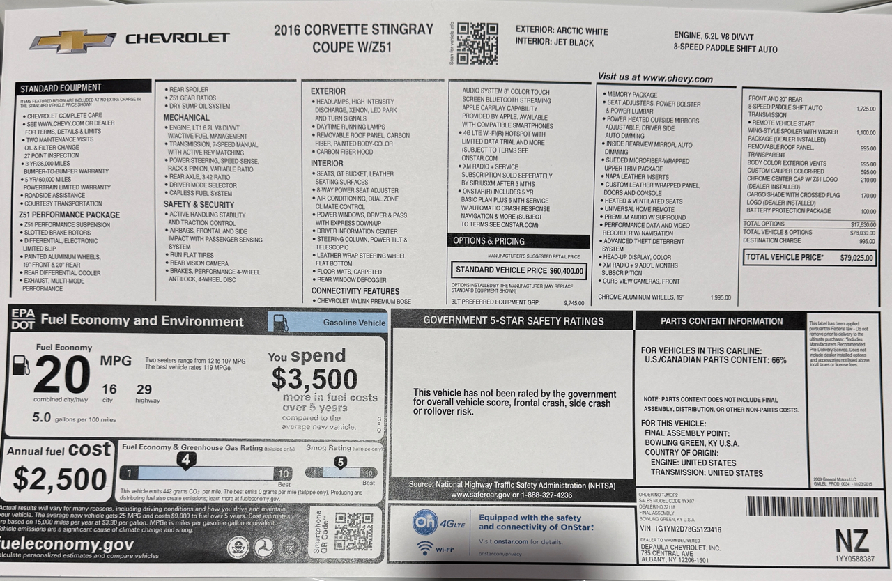 Chevrolet Corvette Z51 3LT Coupe Automatic 2016
