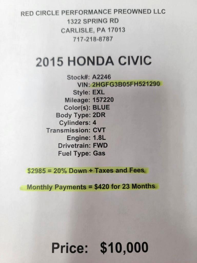 Honda Civic EX-L Coupe CVT 2015