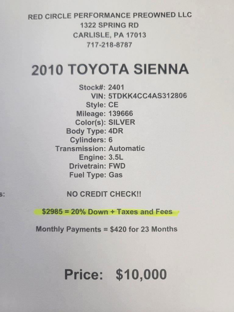 Toyota Sienna CE FWD 7 Passenger 2010