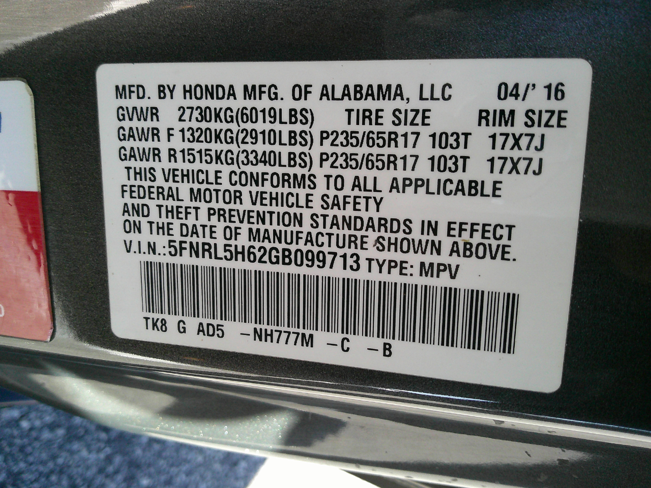 Honda Odyssey 5dr EX-L 2016