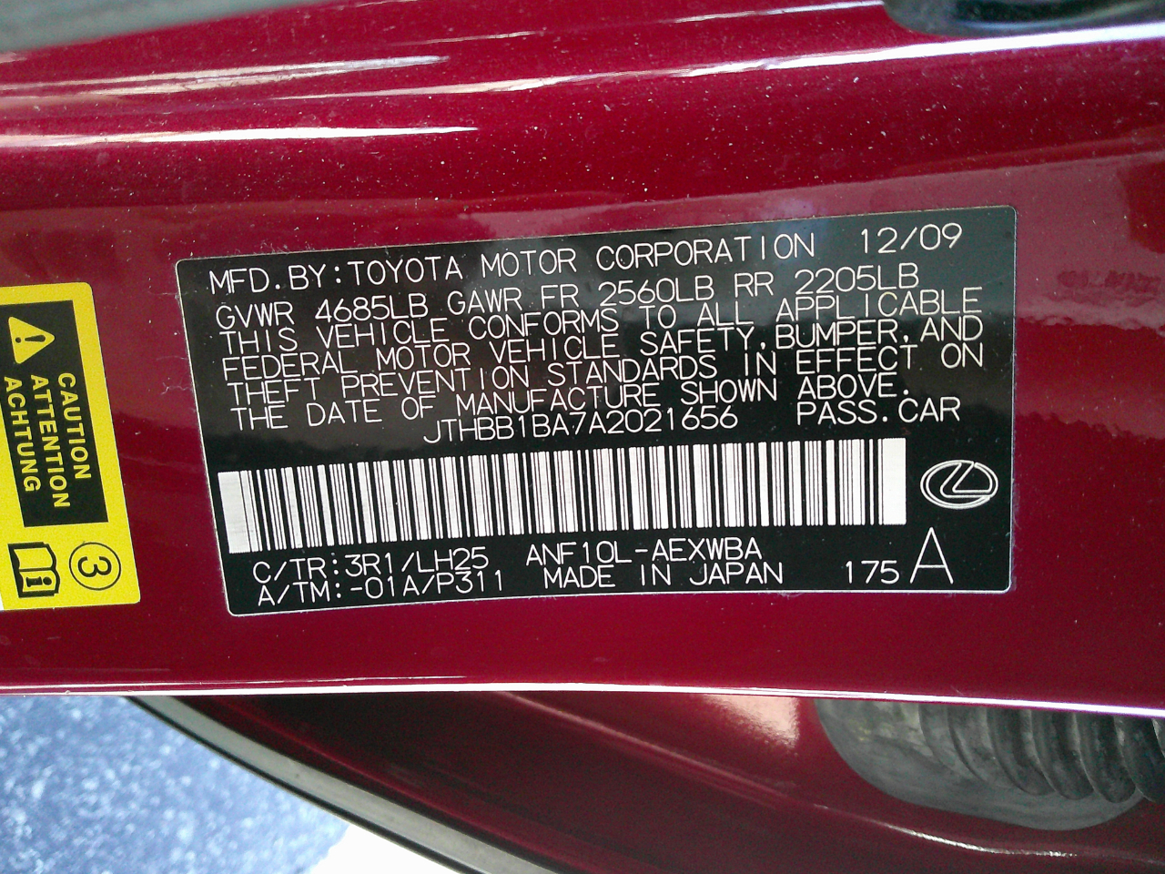 Lexus HS 250h 4dr Sdn Hybrid Premium 2010