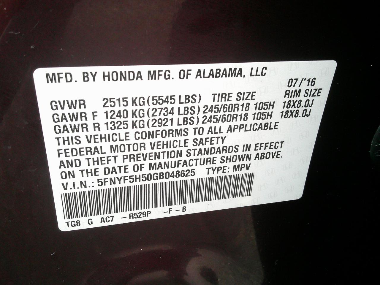 Honda Pilot 2WD 4dr EX-L 2016