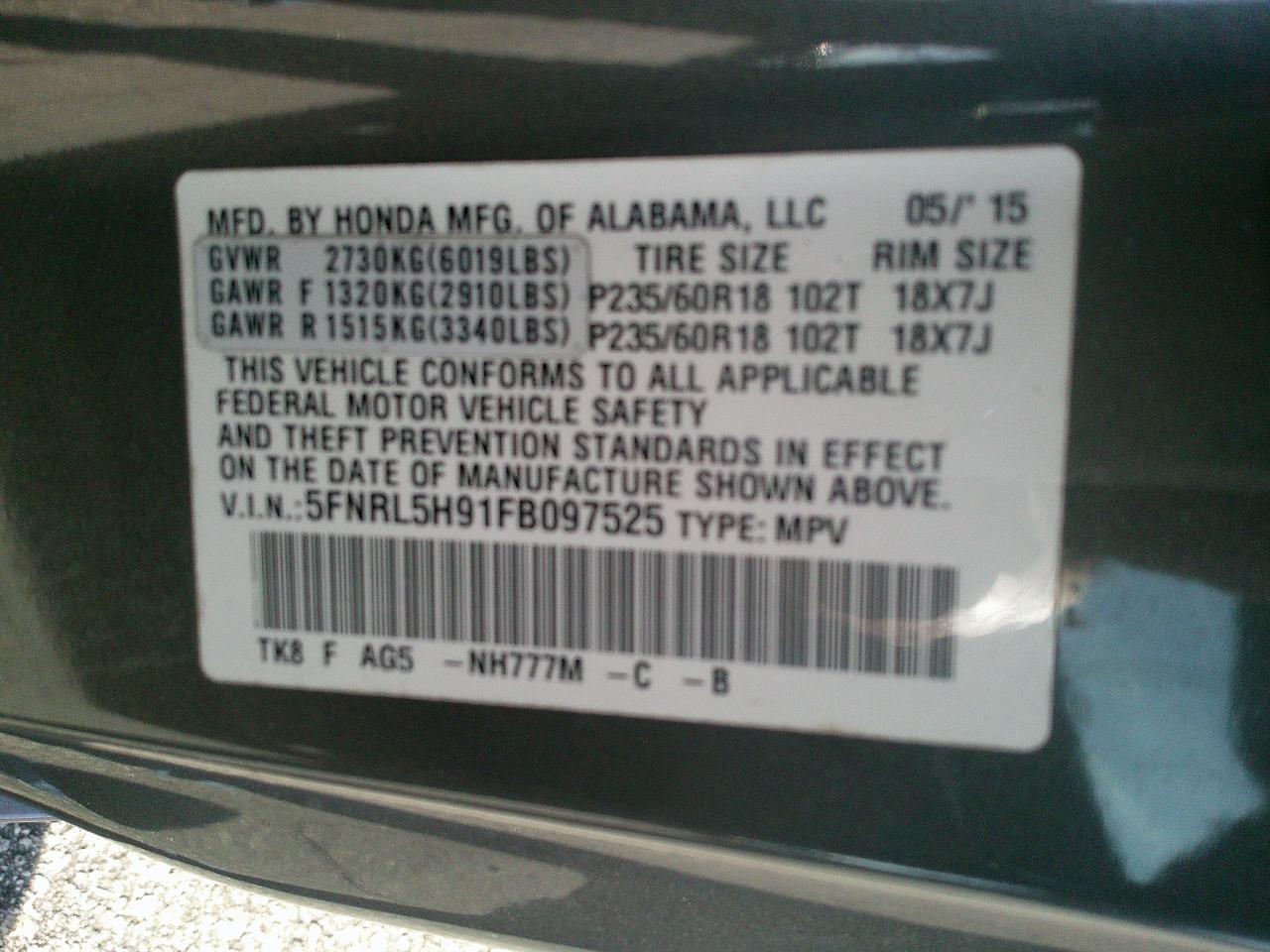 Honda Odyssey 5dr Touring 2015