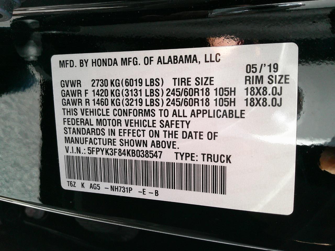 Honda Ridgeline Black Edition AWD 2019