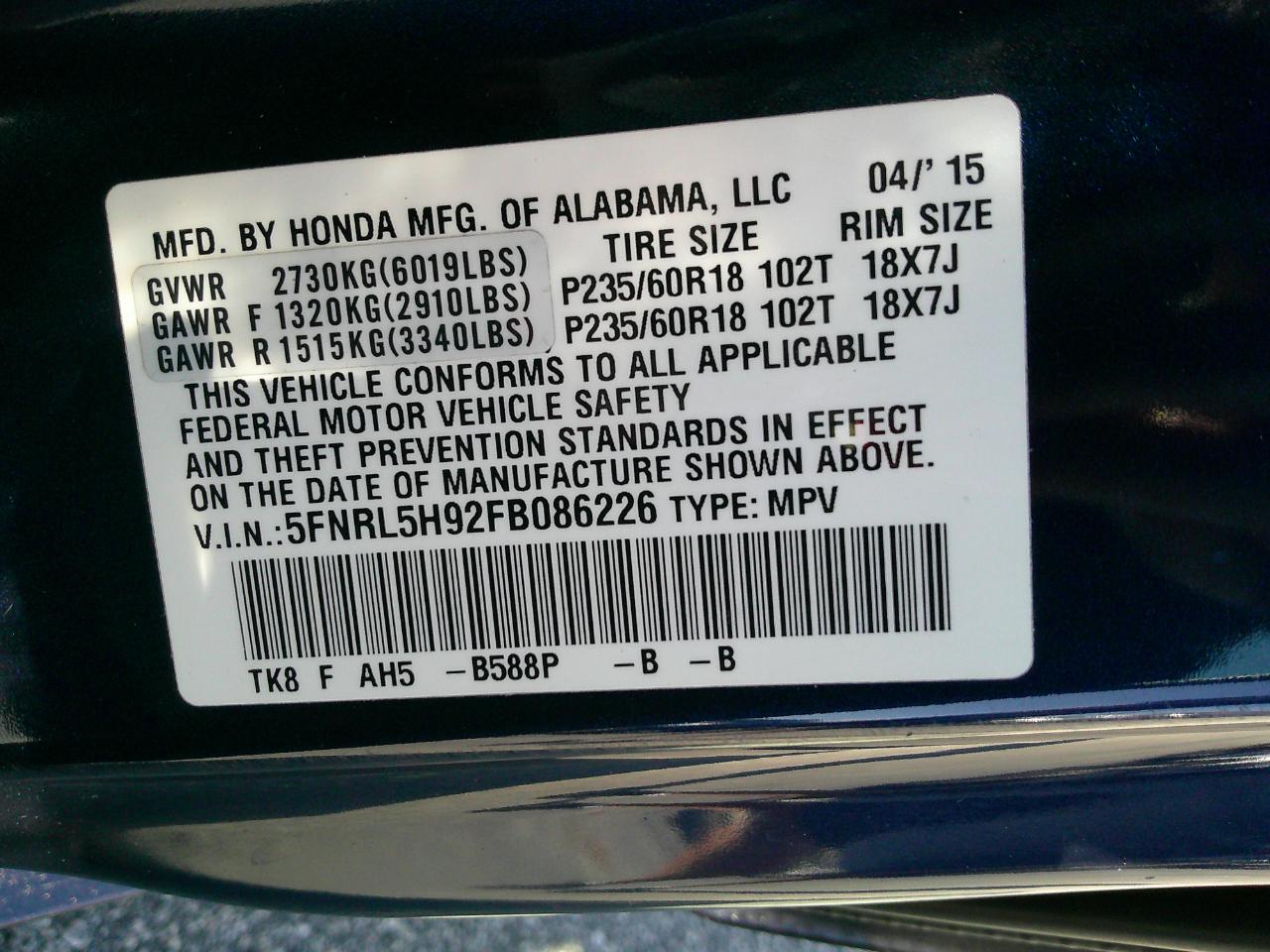 Honda Odyssey 5dr Touring Elite 2015