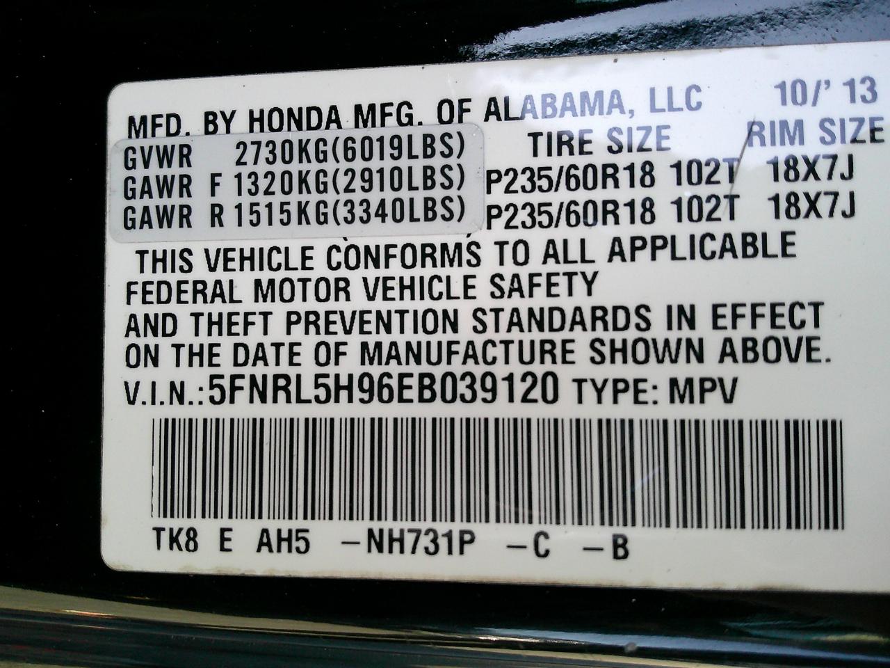 Honda Odyssey 5dr Touring 2014