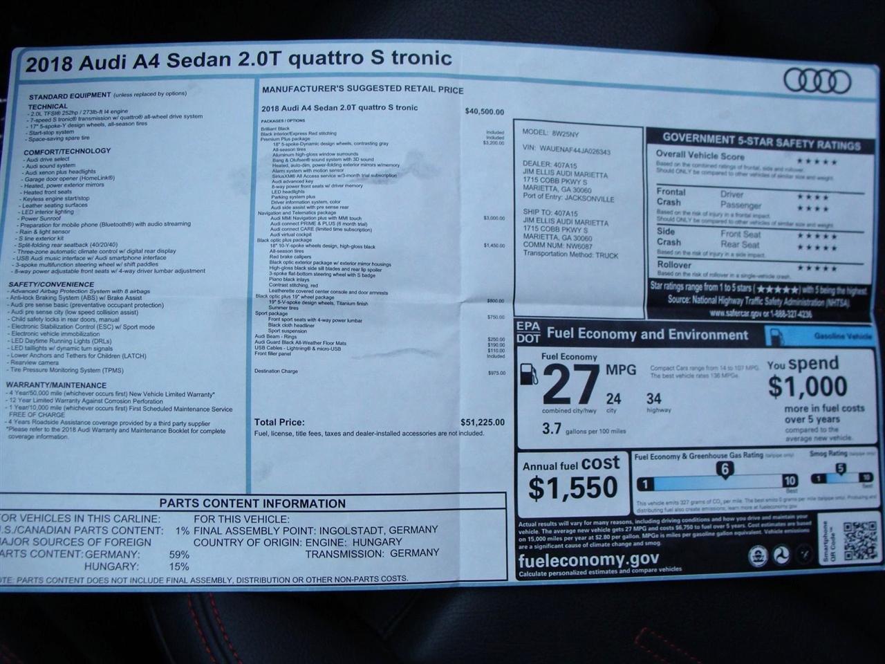 Audi A4 2.0 TFSI Tech Premium Plus S Tronic quattro AWD 2018