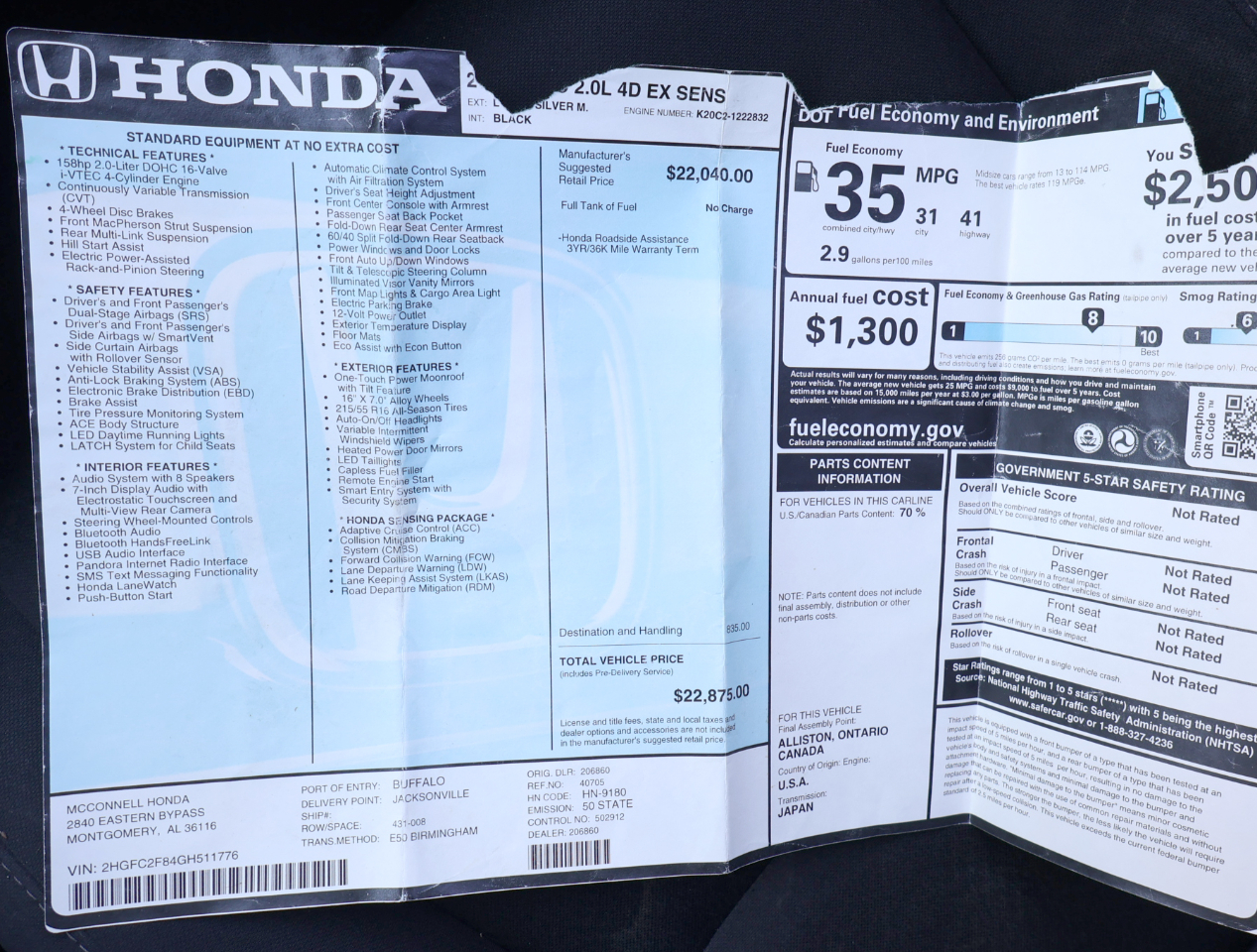 Honda Civic EX Honda Sensing Sedan CVT 2016