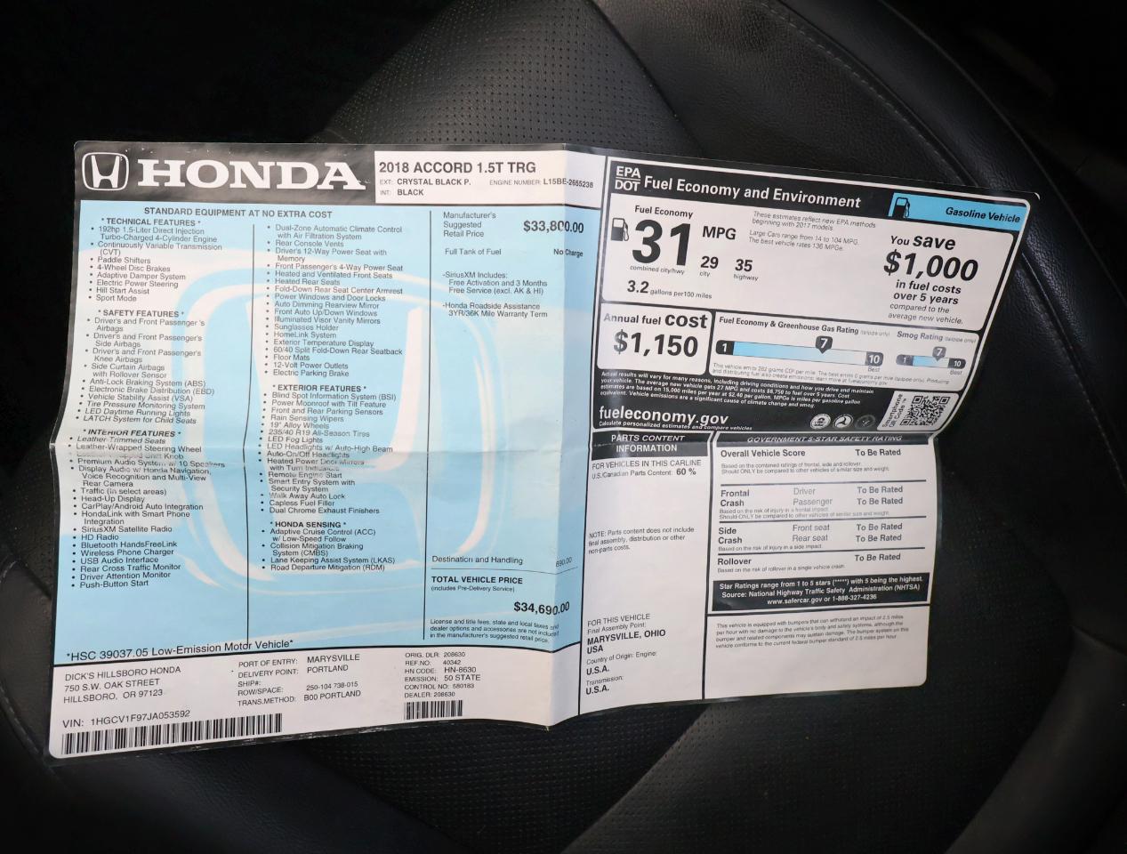 Honda Accord Touring CVT 2018