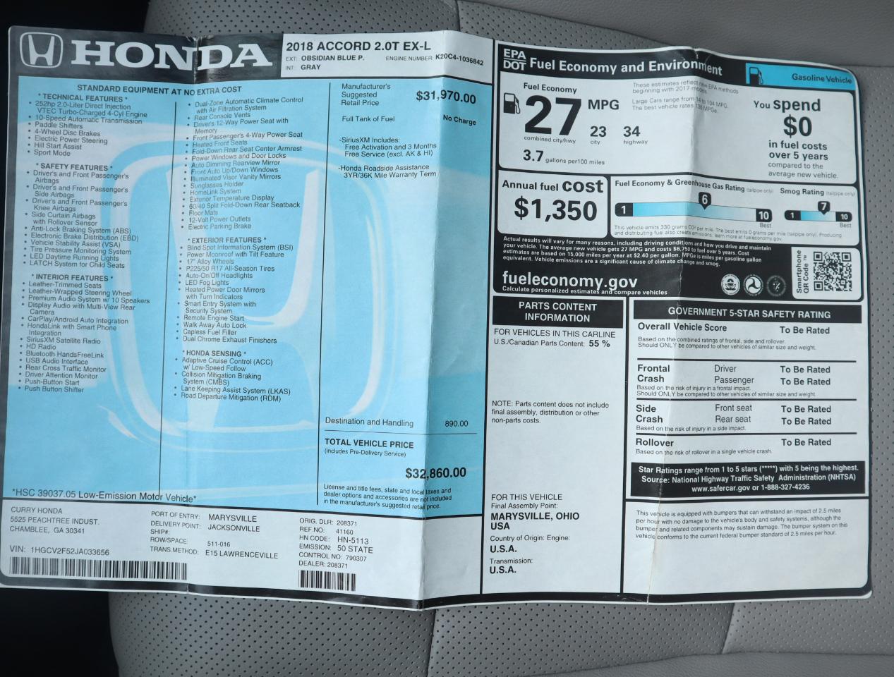 Honda Accord EX-L 2.0T 10A 2018