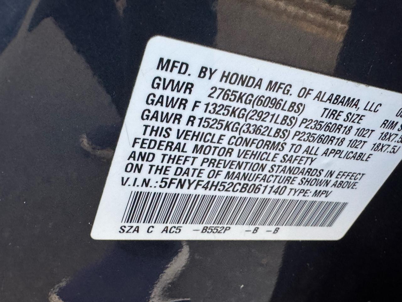 Honda Pilot EX-L 4WD 5-Spd AT 2012