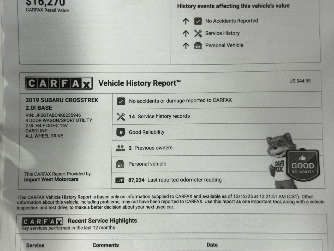 Subaru Crosstrek 2.0i CVT 2019