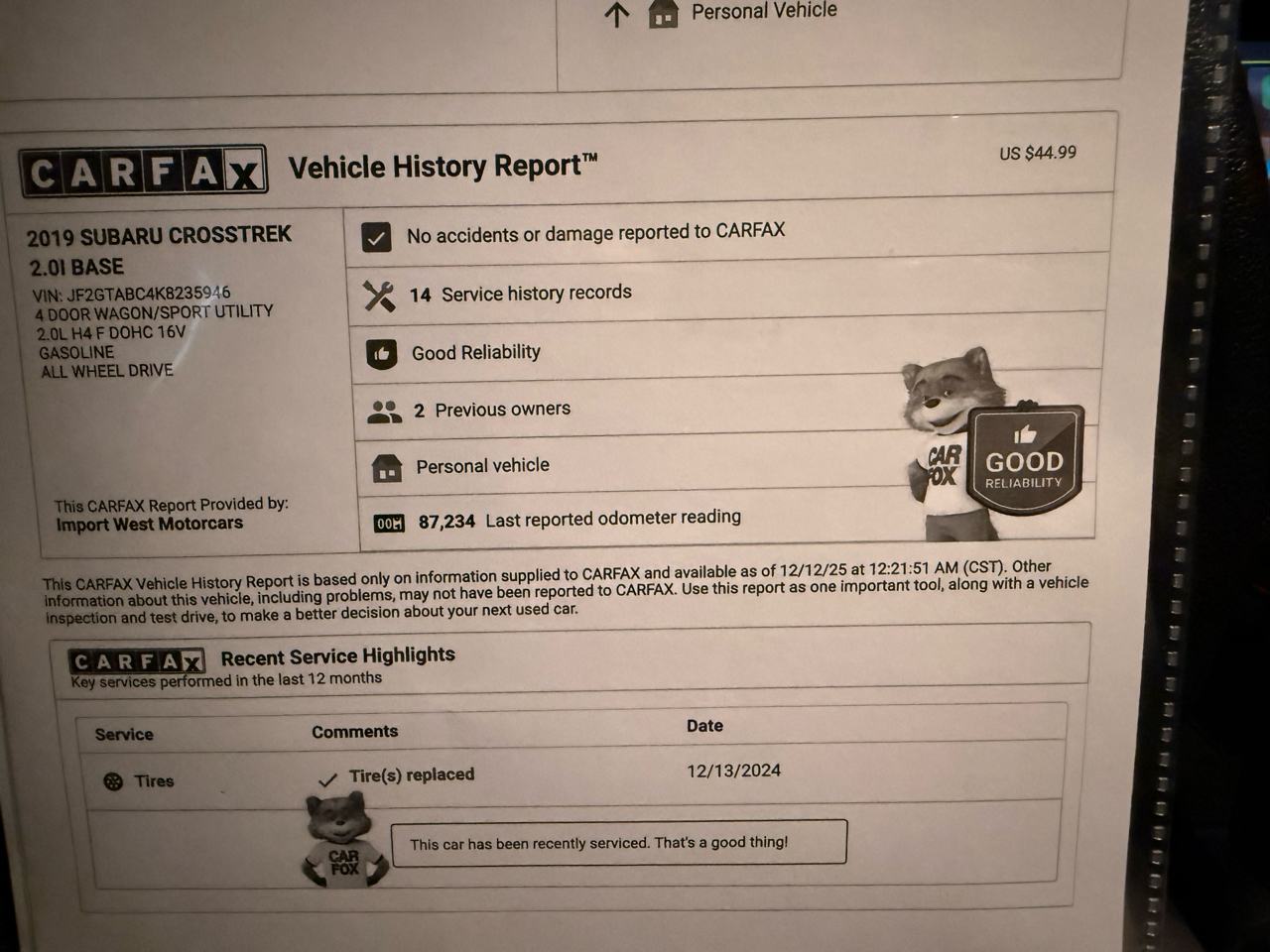 Subaru Crosstrek 2.0i CVT 2019