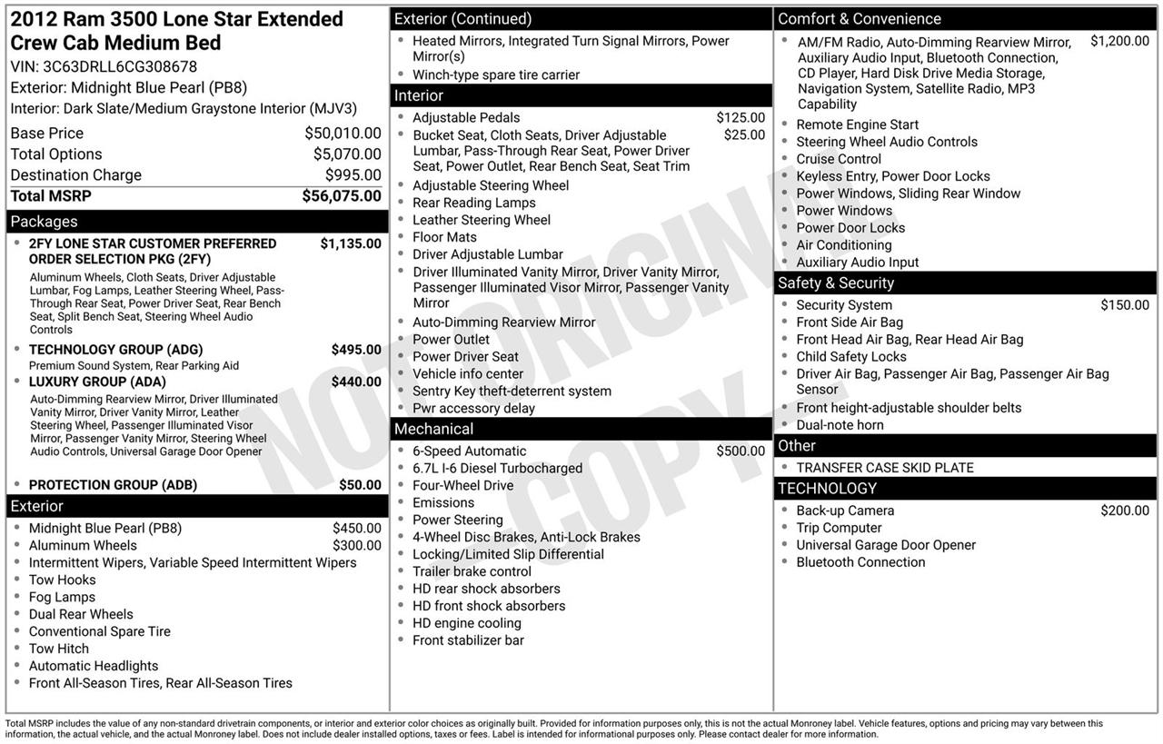 RAM 3500 4WD Mega Cab 160.5" Lone Star 2012