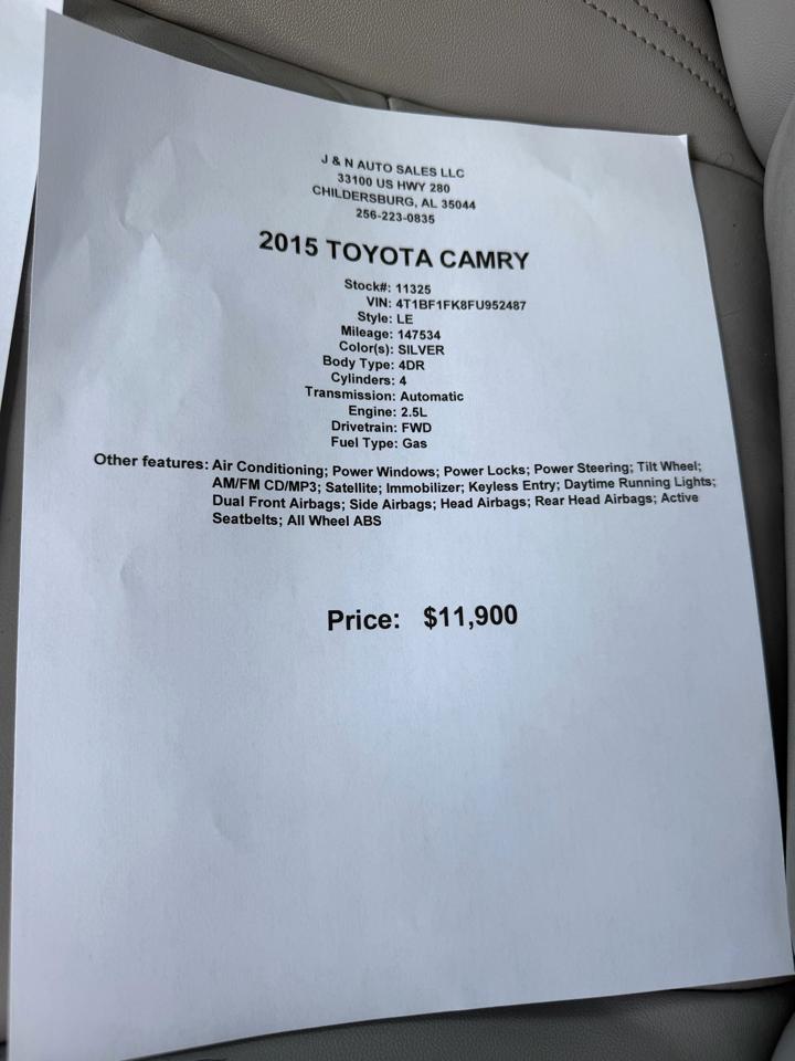 Toyota Camry 4dr Sdn I4 Auto XLE (Natl) 2015