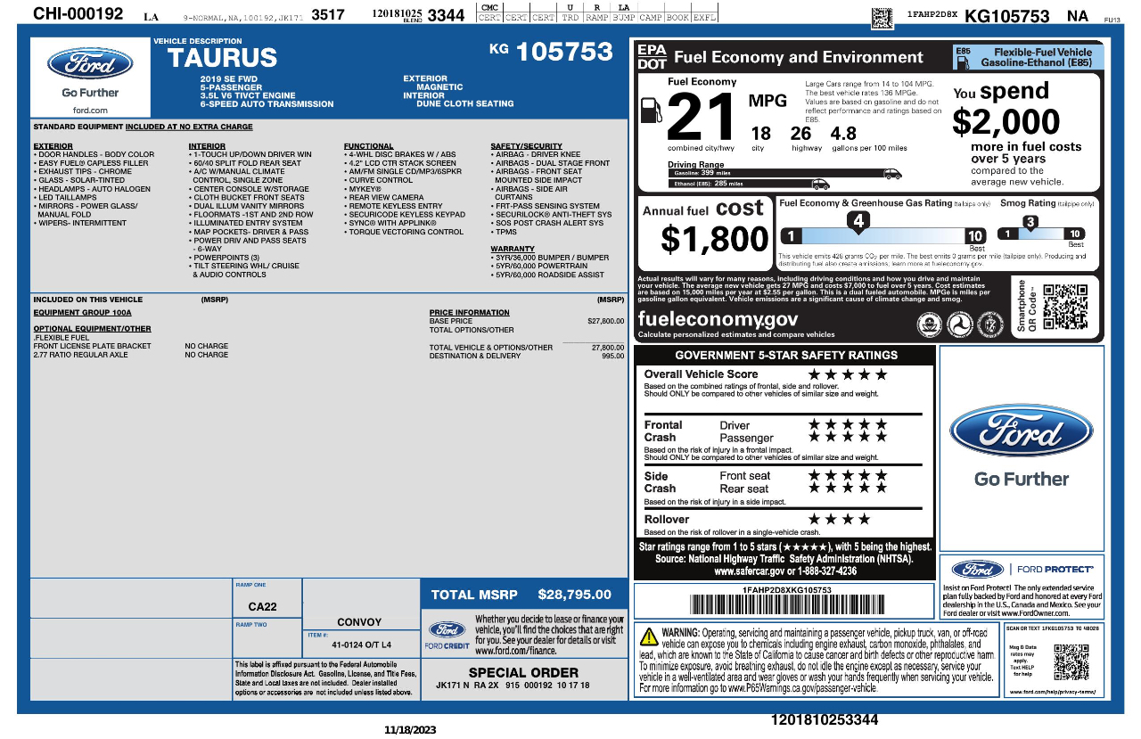 Ford Taurus SE FWD 2019