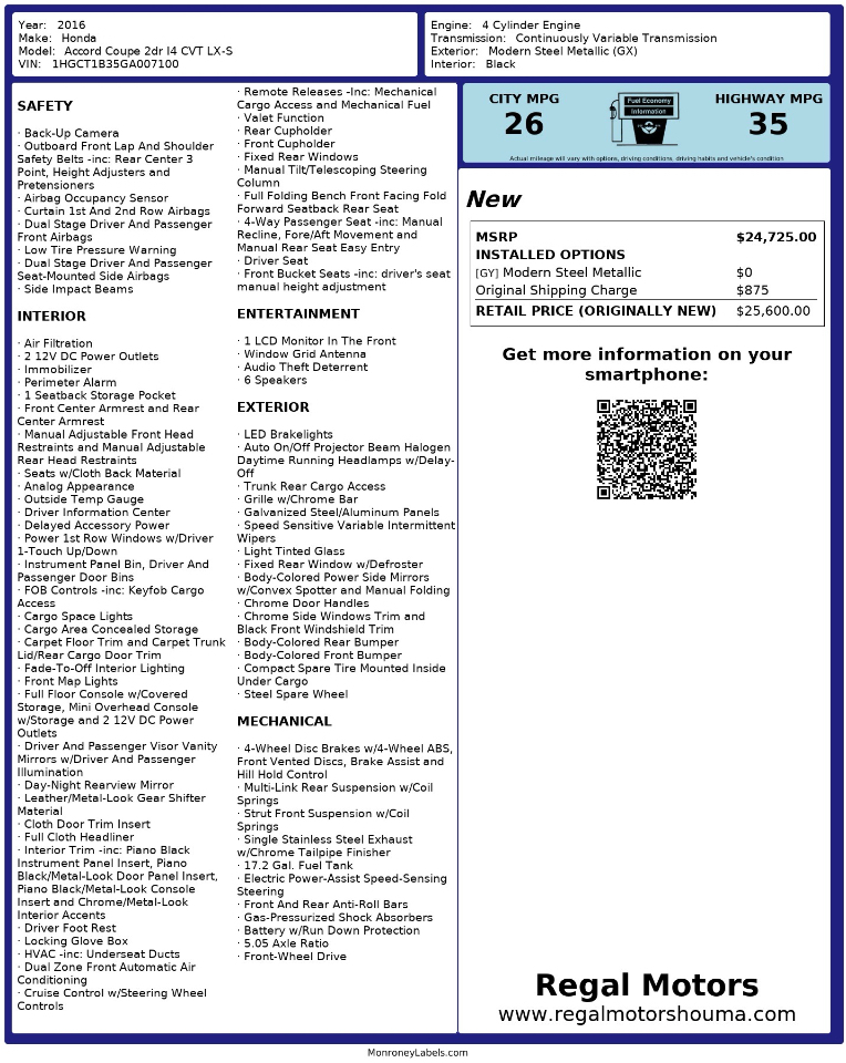 Honda Accord LX-S Coupe 2016