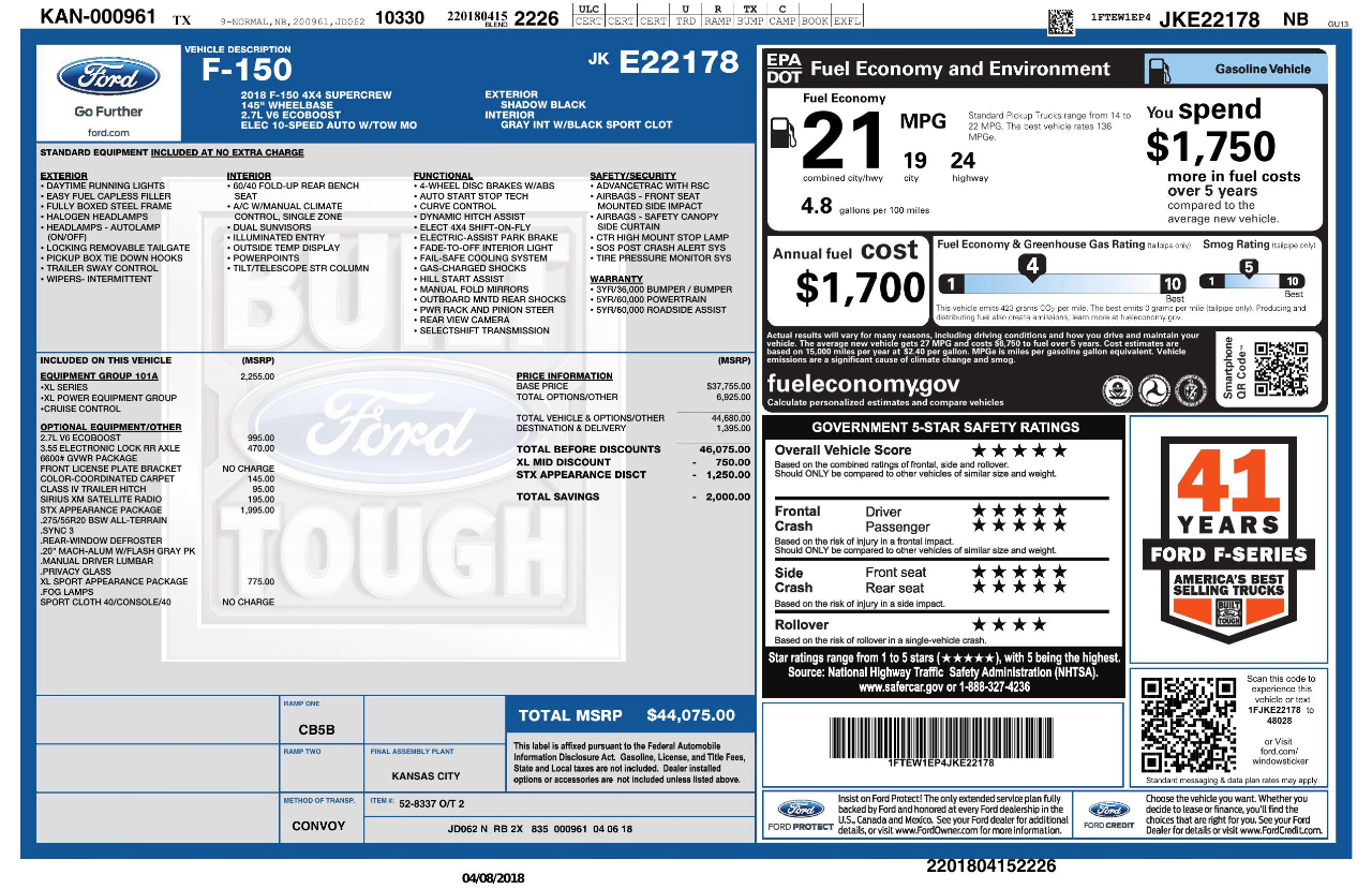 Ford F-150 XL SuperCrew 5.5-ft. Bed 4WD 2018