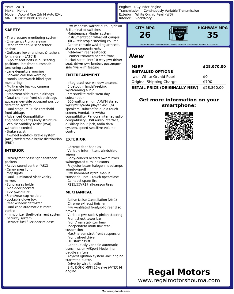 Honda Accord EX-L Coupe CVT 2013