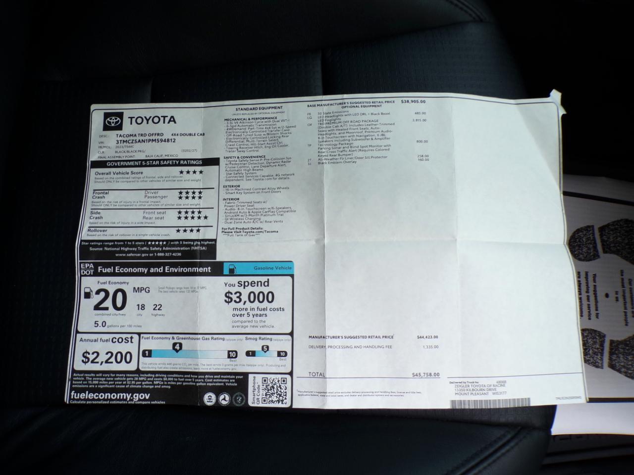 Toyota Tacoma 4WD TRD Off Road Double Cab 5' Bed V6 AT (Natl) 2023