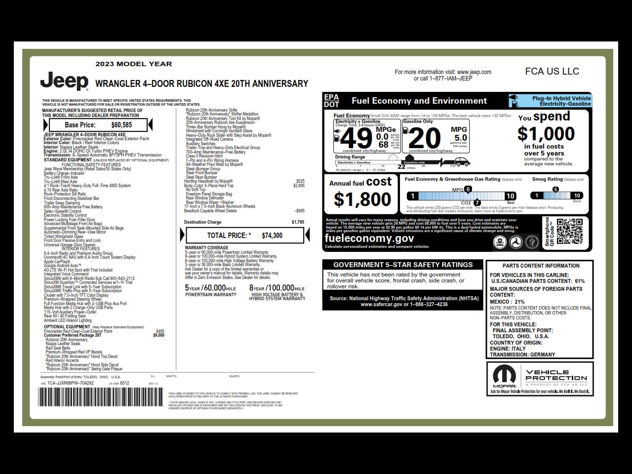 2023 Jeep Wrangler 4xe Rubicon 20th Anniversary 4x4