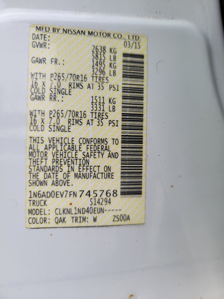 Nissan Frontier SL Crew Cab 5AT 4WD 2015