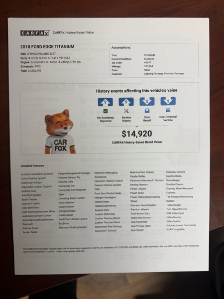 Ford Edge Titanium 4D SUV FWD 2018