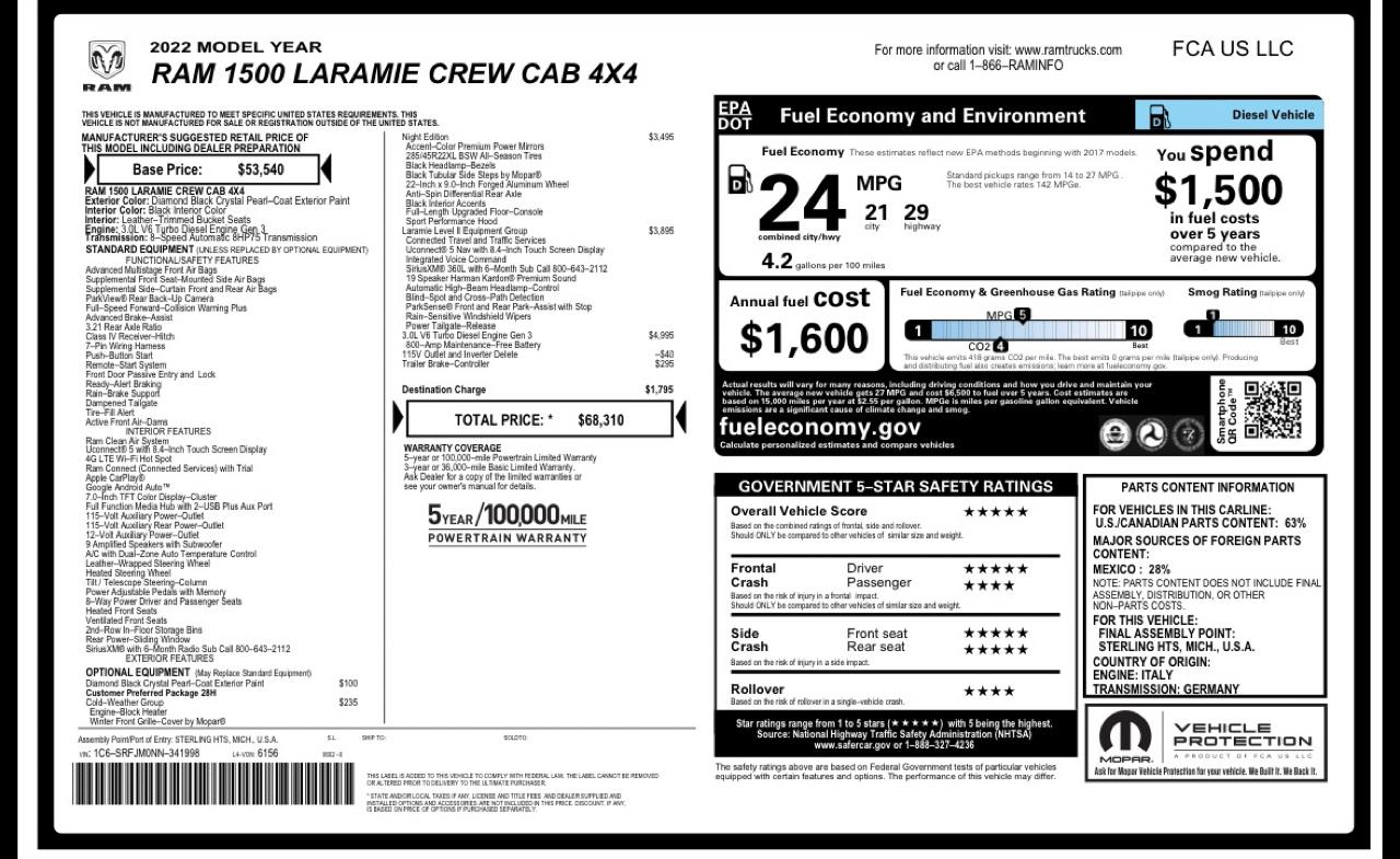 RAM 1500 Laramie Crew Cab SWB 4WD 2022