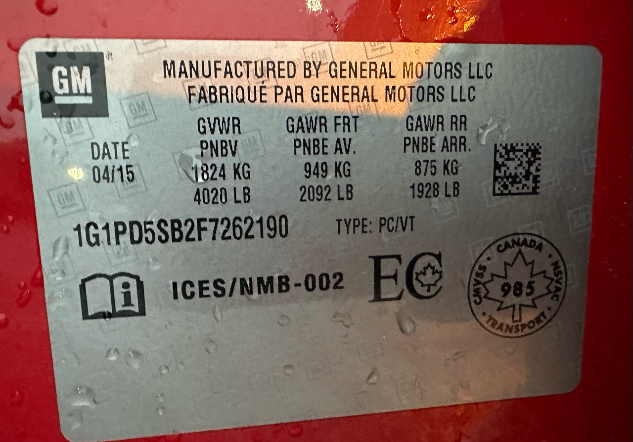 Chevrolet Cruze 1LT Manual 2015 Chevrolet Cruze 1LT Manual 2015