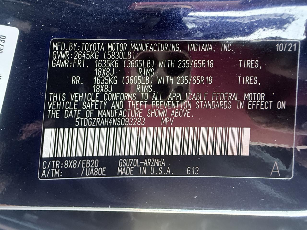 Toyota Highlander XLE FWD V6 2022