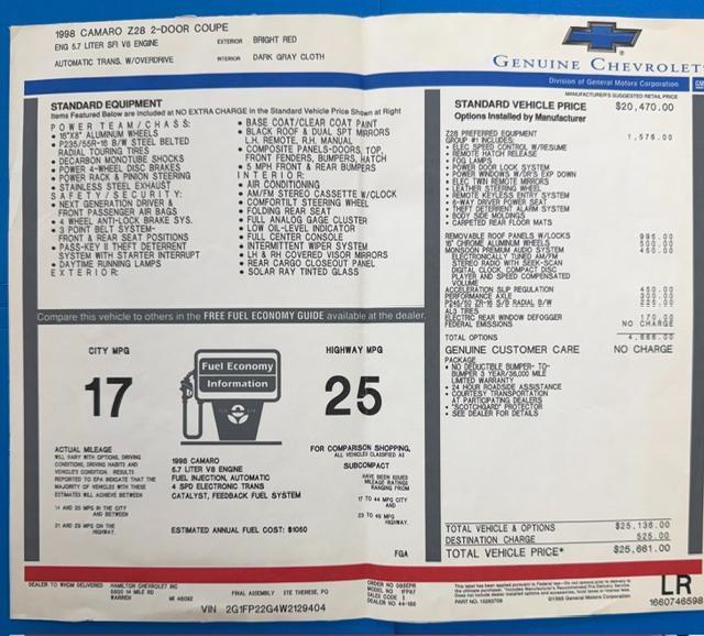 Chevrolet Camaro 2dr Cpe Z28 1998