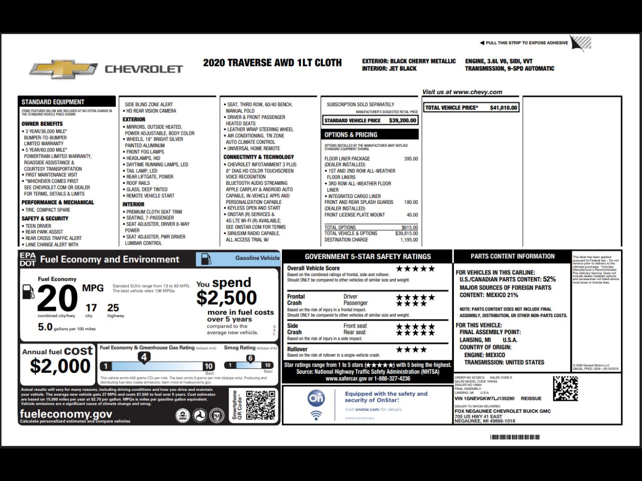 Chevrolet Traverse AWD 4dr LT Cloth w/1LT 2020