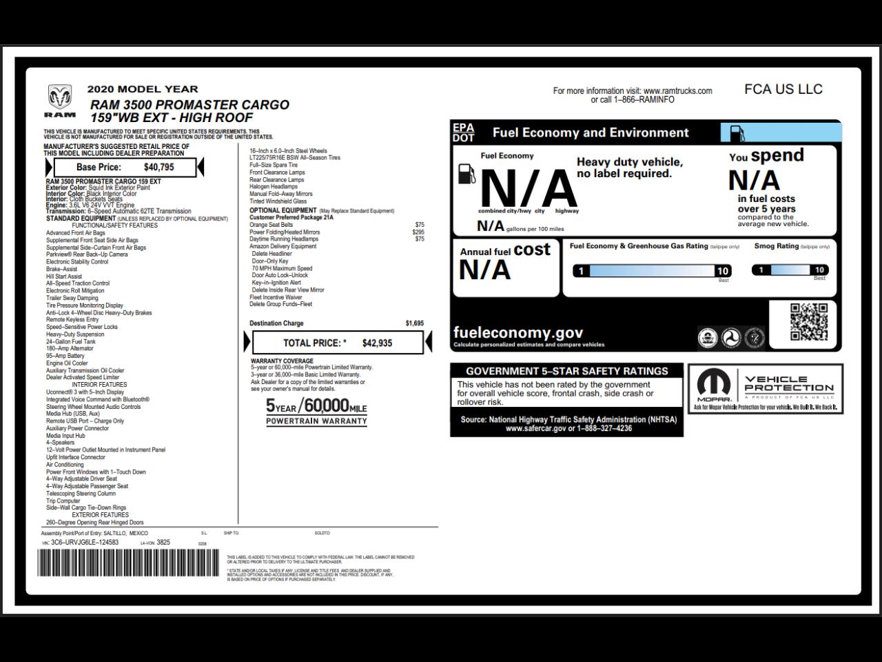 RAM ProMaster Cargo Van 3500 High Roof 159" WB EXT 2020