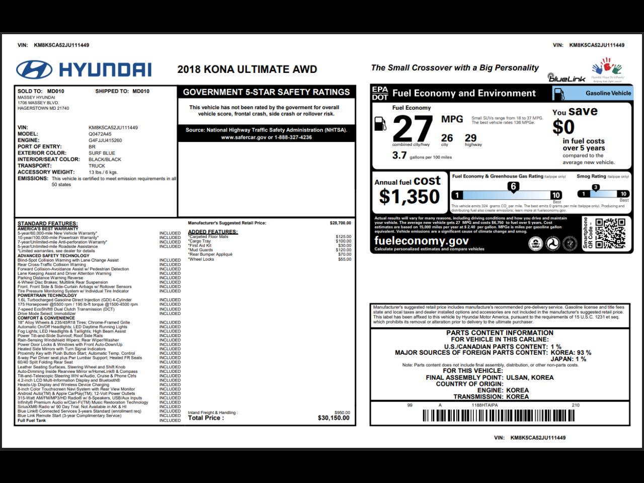 Hyundai Kona Ultimate 1.6T DCT AWD 2018