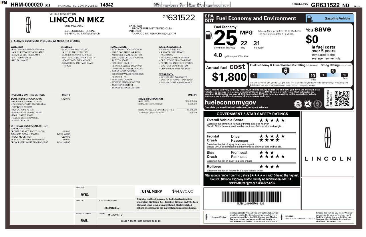 Lincoln MKZ 4dr Sdn AWD 2016