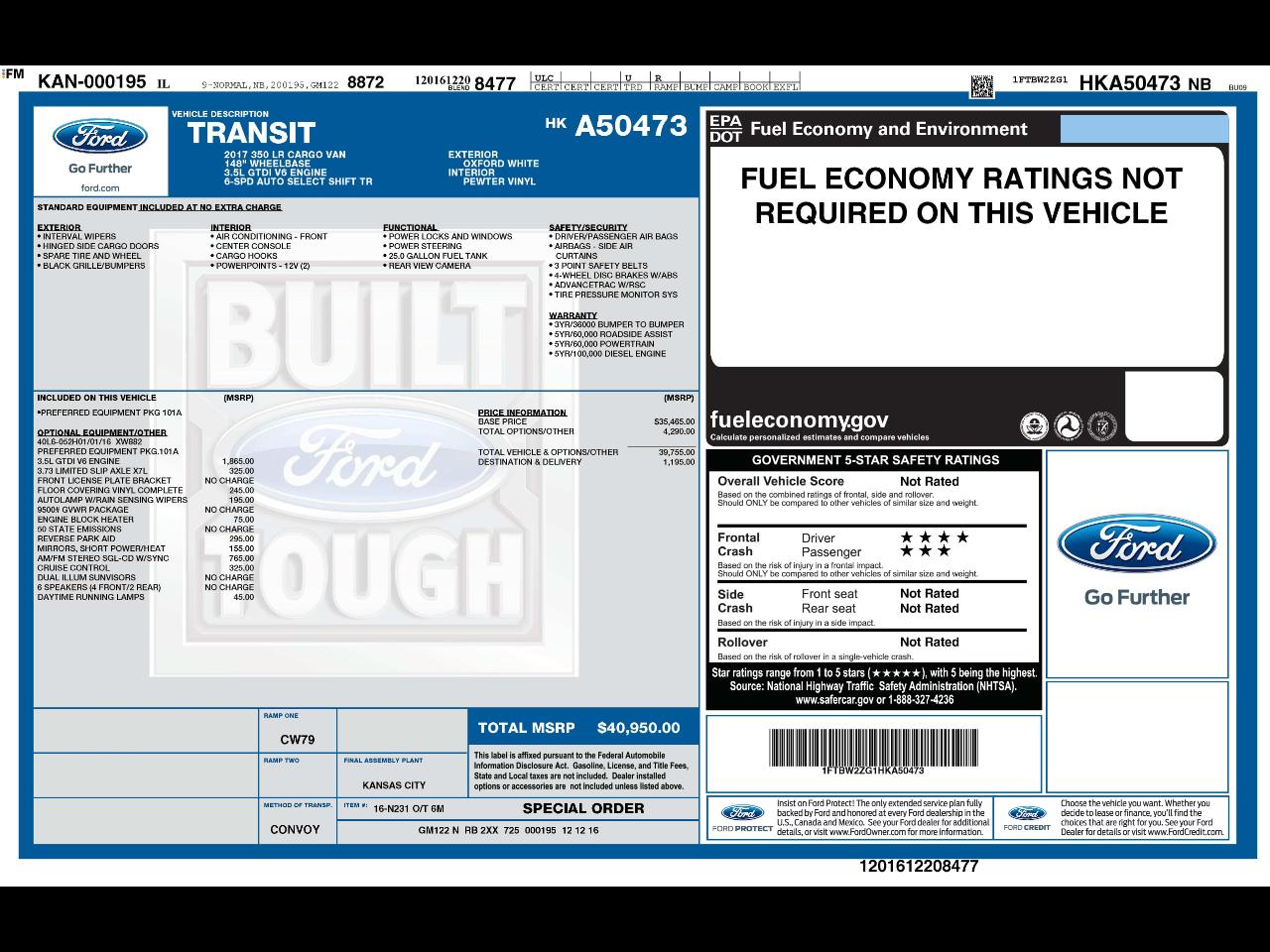 Ford Transit Van T-350 148" Low Rf 9500 GVWR Swing-Out RH Dr 2017