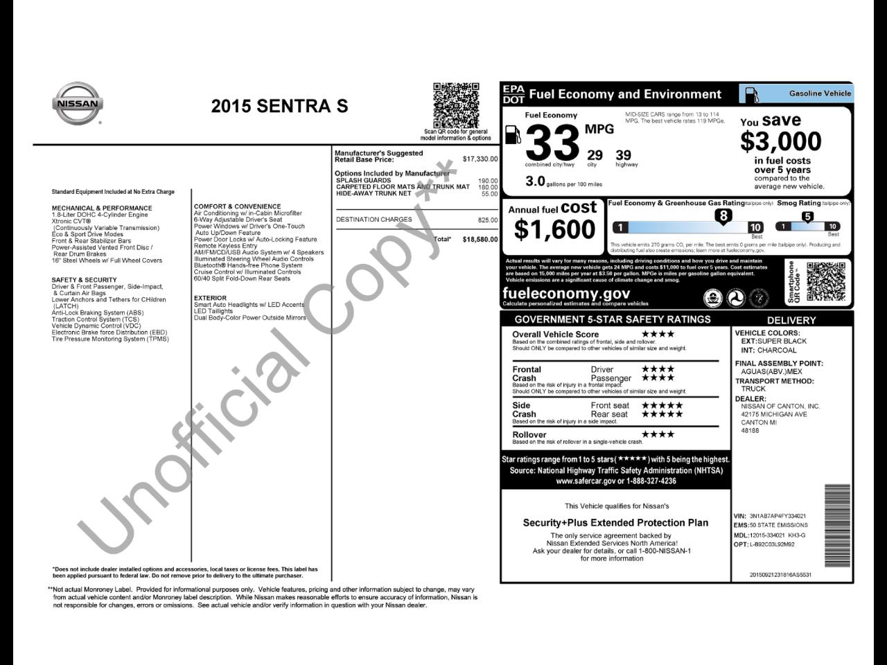 Nissan Sentra 4dr Sdn I4 CVT S 2015